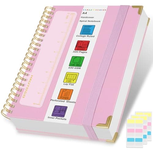 HAUTOCO A4 Notebook, Wirebound Spiral Notebooks with 320 Pages/160 Sheets for Writing, 100GSM Thick Paper, Hardcover Lined Notebook Journal Notepad for Work Office School Business, 29x21.5cm - Pink