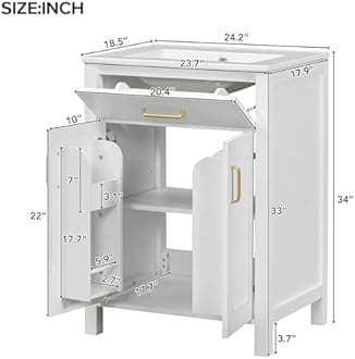 LUMISOL 24" Bathroom Vanity with Sink, Solid Wood Bathroom Cabinet with Tip-Out Drawer, Storage Racks, Soft-Close Door & Adjustable Shelves, Ceramic Sink, White