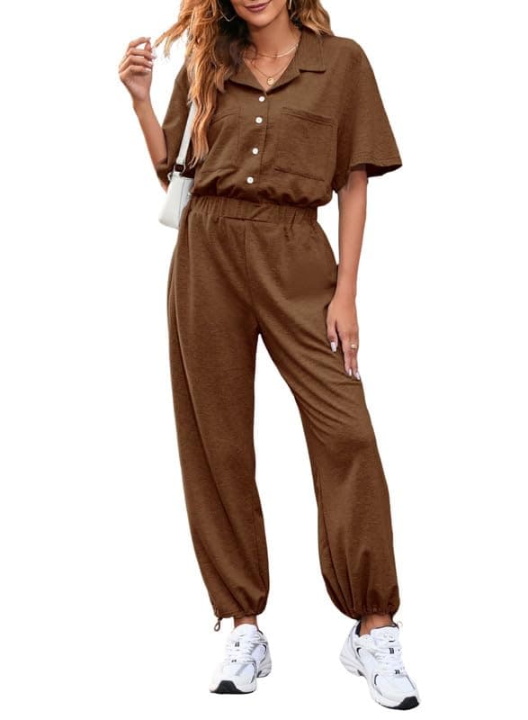 DokotooWomens Button Up Collared Short Sleeve High Waisted Drawstring Hem Casual Jumpsuits and Rompers with Pockets