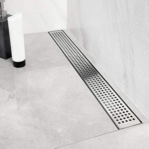 24-Inch Side Outlet Linear Shower Drain with Quadrato Pattern Grate, Brushed 304 Stainless Steel Rectangle Shower Floor Drain,Floor Shower Drain With Adjustable Leveling Feet,Hair Strainer