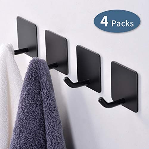 FLE Towel Hooks Self-Adhesive Wall Single Hook, Stainless Steel Black Coat Robe Hooks for Bathroom, Kitchen (4 Packs)