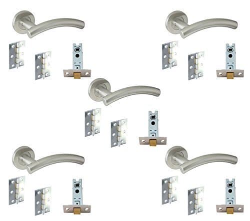 5 Set's Door Handle Pack Internal C/w Latch Ball Bearing Hinges Arched Lever Furniture Stainless Steel 76mm BB