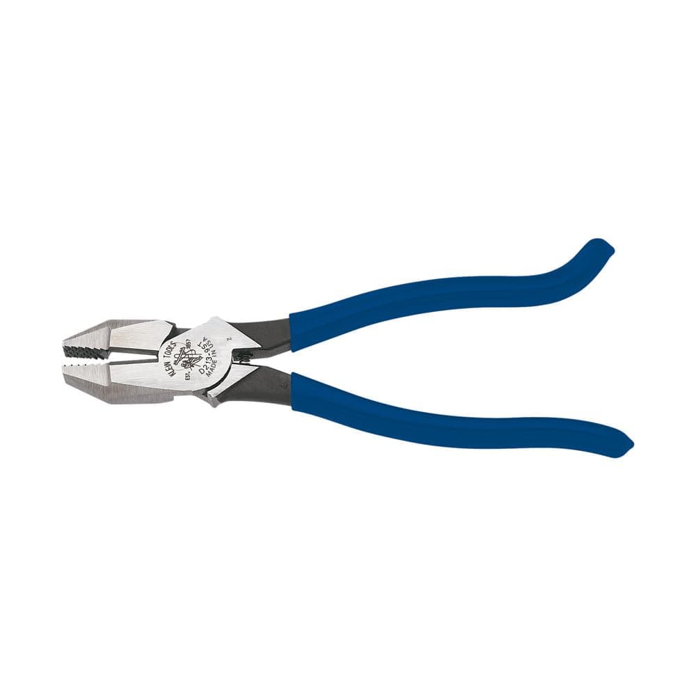 Klein Tools D213-9ST High-Leverage Ironworker's Pliers, Made in USA, Twist and Cut Soft Annealed Tie Wire, Hook Bend Handle, Spring Loaded, Heavy-Duty Jaws