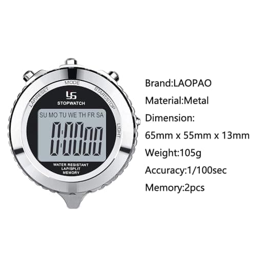 LAOPAO Stopwatch Metal Stopwatch Timer with Backlit 1/100th Second Precision 2 Lap Memory Digital Stop Watch for Coaches
