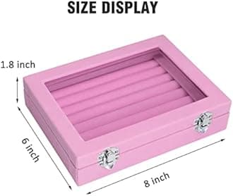 Rings Organizer Tray 7 Slots Velvet Jewelry Earring Storage Box with Transparent lid Jewelry Display Case for Girls Wife Mom Women (Pink)