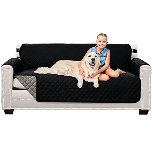 Sofa Shield Couch Slip Cover with Patented Strap, Cushion Protector, US Designed Reversible Stain and Dog Tear Resistant Slipcover, 70 inch Seat, Washable Covers for Dogs Pets, Black Gray