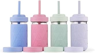 Kids + Toddler Glass Cups | The Original 12oz Glass Mason Jar with Sleeves + Lids | Silicone Straws + Stopper | Smoothie Cup | Food Storage | Blush/Sage/MistyBlue/Lilac | 4 Pack