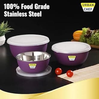 URBAN CHEF Microwave Safe Bowl Sets, Bowl, Serving Bowl with lid |16.91,25.36,42.27 Ounce| Flora Stainless Steel Serving Bowls, Microwave Oven Bowl. Bowl Set of 3 with Lid- Purple