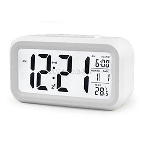 Digital LED Snooze Electronic Alarm Clock Backlight Time Calendar Thermometer Colors:White