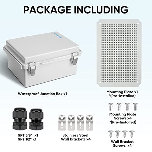 TICONN Waterproof Electrical Junction Box IP67 ABS Plastic Enclosure with Hinged Cover with Mounting Plate, Wall Brackets, Cable Glands (Off-White, 11"x7.5"x5.5")