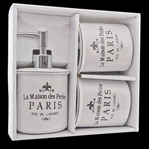La Maison des Perles Paris 3 Piece Ceramic Bathroom Set w Soap Dispenser Toothbrush Holder Tumbler