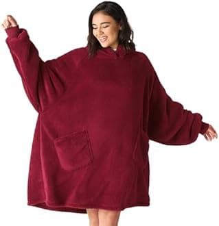 Bedsure Wearable Blanket Hoodie, Christmas Gifts for Girlfriend, Mom, Wife, Women - Cozy Sherpa Hoodie Blanket for Adult Men, Warm Hooded Sweatshirt with Sleeves, Dark Red