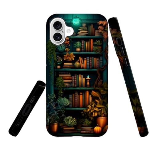 Case Compatible with iPhone 16,Hybrid 2-Layer Hard Shell,Shockproof Soft for Girl Women,Bookshelf Book Plant