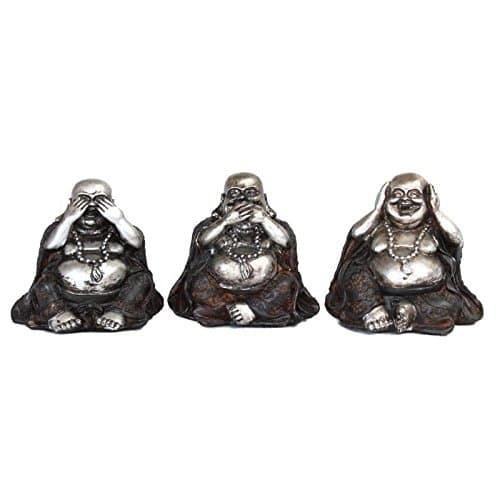 Buddha statue | Laughing Buddha Set See No Evil Hear No Evil Speak No Evil | Height 7 cm | Black and silver | Decorative items for home and garden |