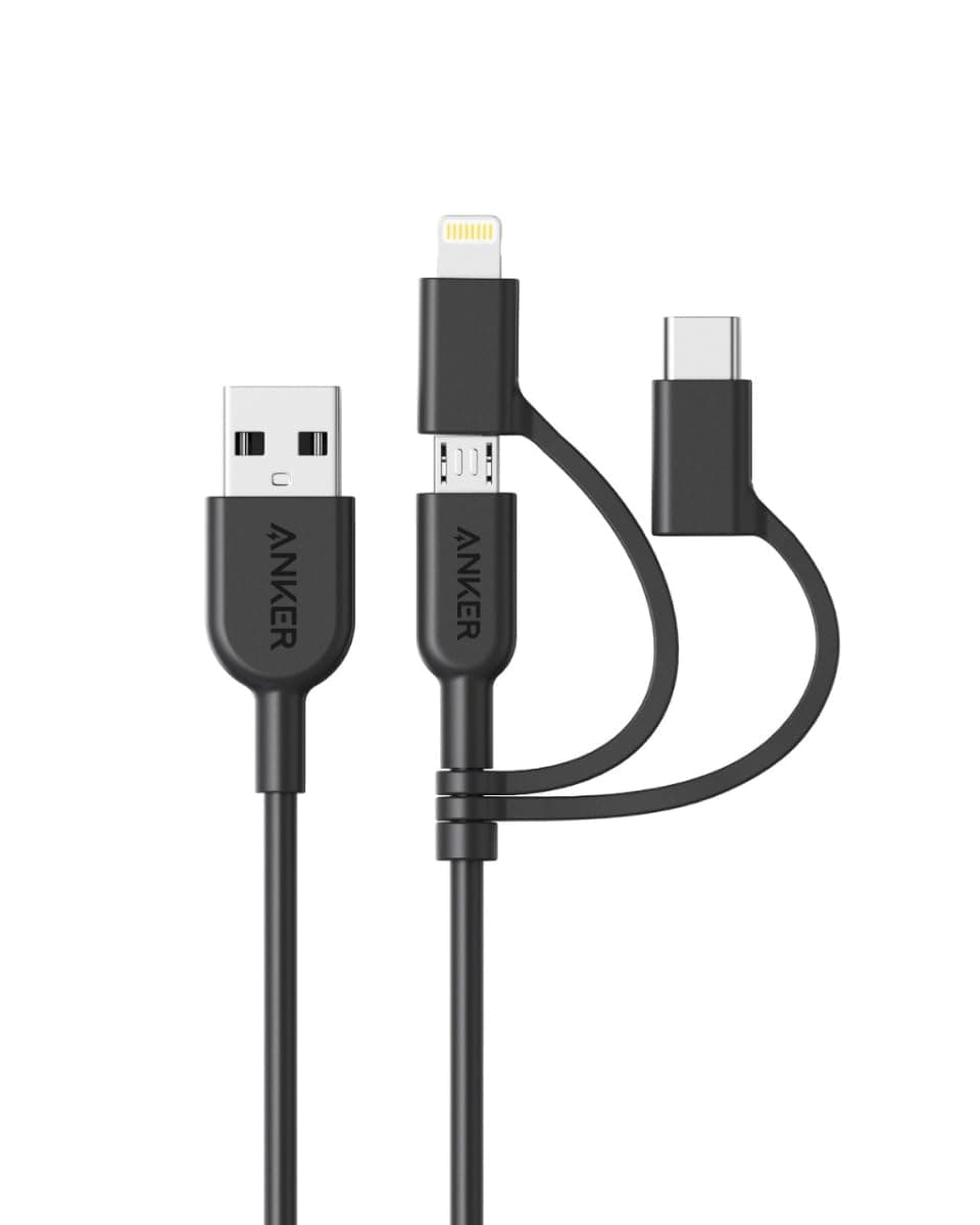 PowerLine II 3-in-1 Cable (Support Lightning USB, USB-C, Micro USB Devices), Apple MFi Certified, Compatible with iPhone, iPad, and Android Devices
