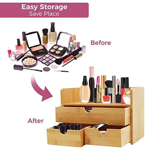 Large Bamboo Makeup Organizer with 1 Drawer and 2 Smaller Drawers, 100+1 Uses, Durable and Smooth