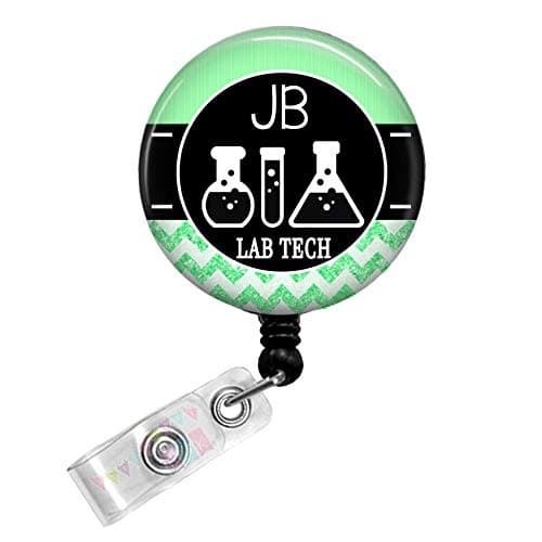 Personalized - Lab Tech with Beakers - Mint Green - Glitter Chevron - Button Badge Reel - BR0030