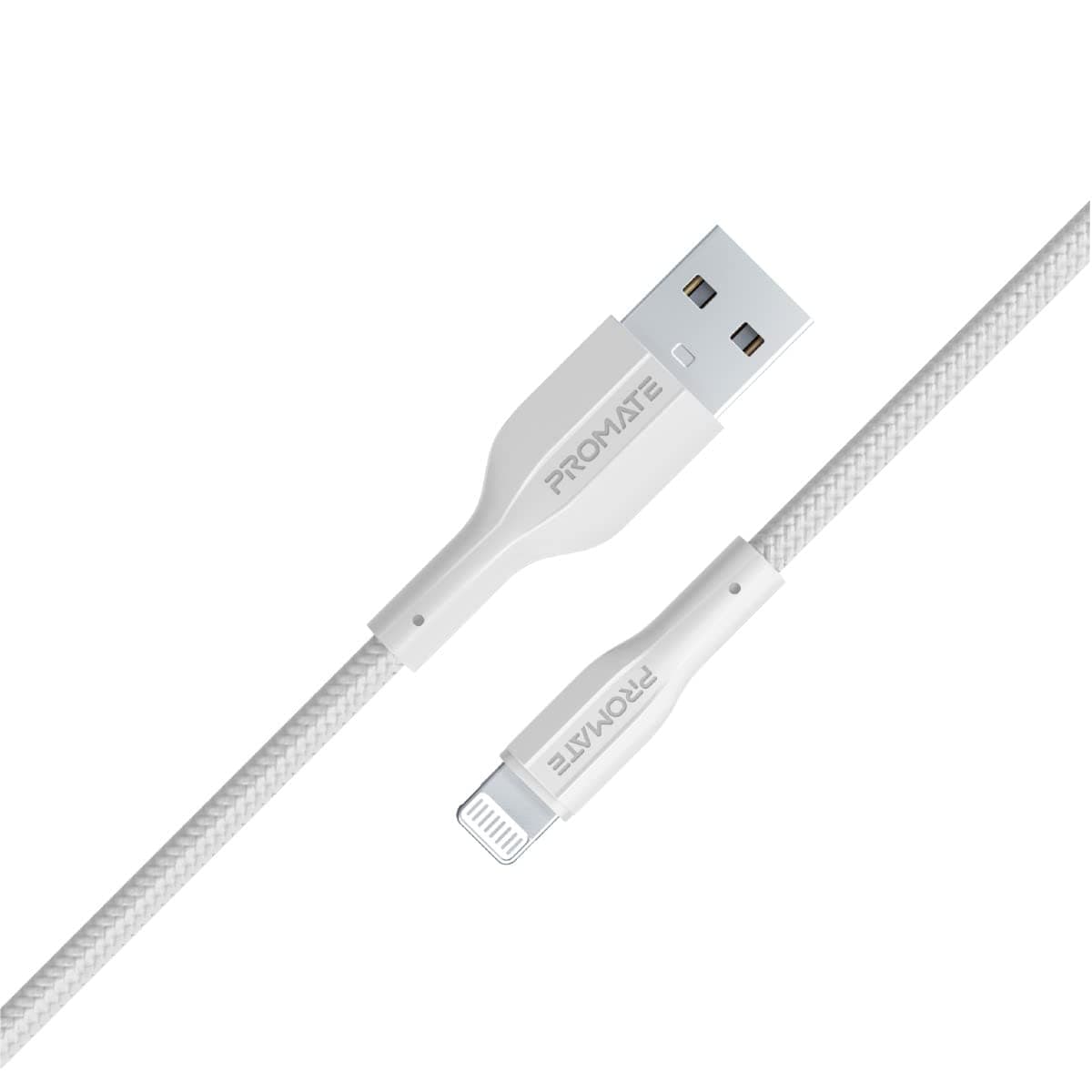 Promate USB-A to Lightning Cable, Durable 10W USB-A to Lightning Charger with 480 Mbps Data Transfer, 10000 Bend Test and 100 cm Anti-Tangle Silicone Cord for iPhone 14, iPad, XCord-Ai White