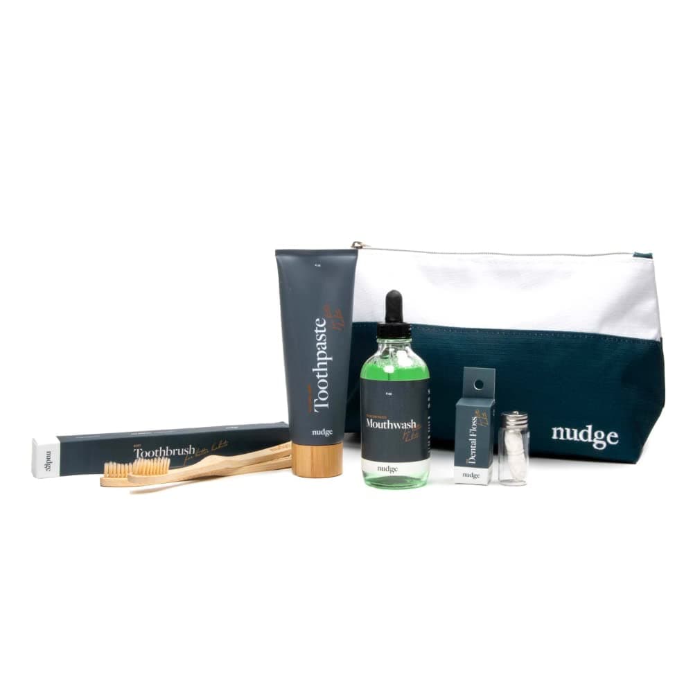 Oral Care Kit – Complete Set with Mint Toothpaste, Bamboo Toothbrushes, Mouthwash Concentrate, Silk Floss & Reusable Bag