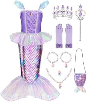 MELAND Mermaid Costume Kids, Princess Costumes for Girls Gift Aged 3-8, Little Mermaid Dress Up for Girls Halloween, Party(M)