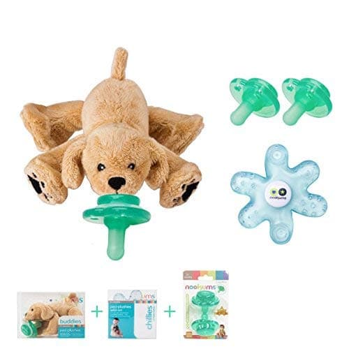 Nookums Paci-Plushies Baby Gift Set - Pacifier Holder, Teether and Replacement Pacifier 2 Pack (Plush Toy Includes Detachable Pacifier, Use with Multiple Brand Name Pacifiers) (Retriever)…