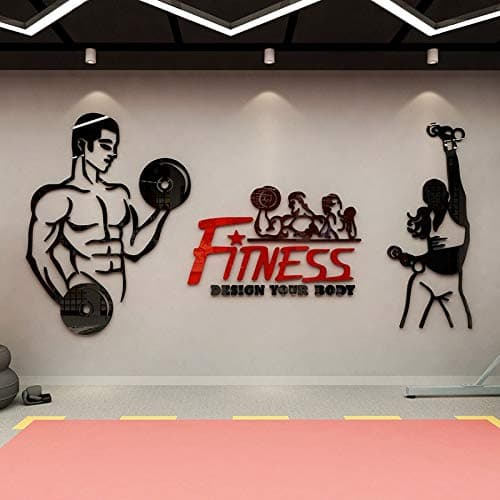 New Acrylic 3D Solid Wall Sticker Gym Creative Decoration School Gymnasium Sports Room,904 Fitness - Black Red Coffee,Large