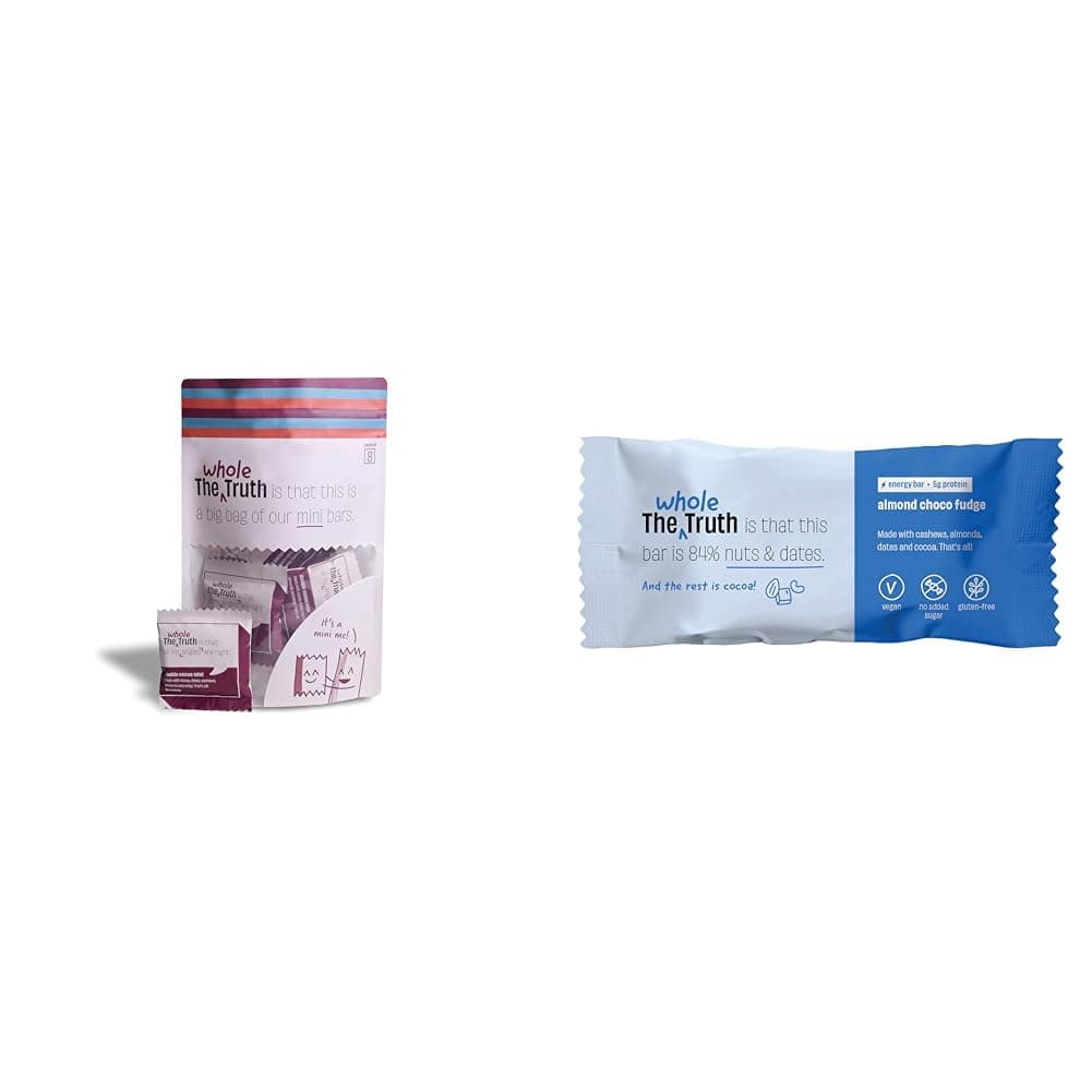 The Whole Truth - Mini Protein Bars - Double Cocoa- Pack of 8- & The Whole Truth - Energy Bars | Almond Choco Fudge | Pack of 6 x 40g