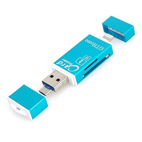 GTHome Flash Drive SD Card Reader - Lightning Micro USB Connector, External Storage Memory Expansion for iOS iPhone iPad & MAC PC Max and Android Support 128G Smart Card Reader 30 Day (Blue)