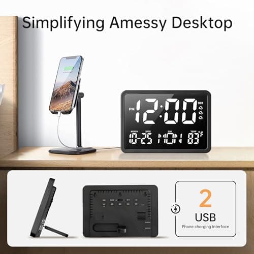 JALL 10.5" Digital Clock with Large Display, Calendar Day and Date, DST, Temperature, Dual Alarms, for Desk, Wall Mounted, Living Room, Bedroom, Gift for Elderly, Seniors, Dementia