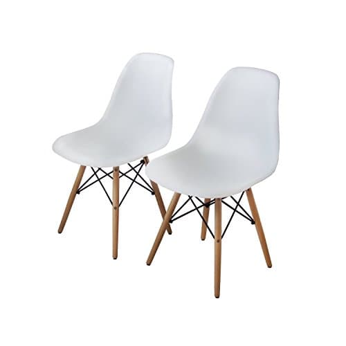Bushman Eames Style Side Chairs Mid Century Dining Room Modern Lounge Chair No Arm Arms Armless Wooden Legs Wire Metal Eiffel Dowel Base Molded Plastic Seating, White, Set of 2