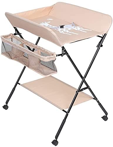 MeJa Baby Changing Table,Baby Changing Unit, Portable Folding Adjustable Changing Tables, Infant Care Station with Wheels and Storage, Diaper Organizer Station Table(Khaki)