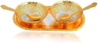 BENGALEN Gold Plated Bowl Spoon Tray Set Light Weight Dessert Dry Fruits Serving Christmas Eid Wedding Return Gifts Friends Family Home Decoration Housewarming Corporate Gifts Diwali Gift Items