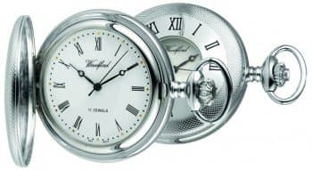 Half hunter style mechanical pocket watch. Albert chain and gift box included.