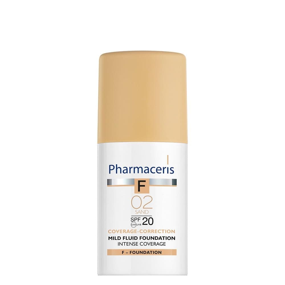 Pharmaceris F Intense Coverage Mild Fluid Foundation SPF 20, 30 Ml(02 Sand) – Lightweight Creamy Formula With Sodium Hyaluronate Milk Thistle Honeysuckle And Vitamin B3 For Sensitive Skin