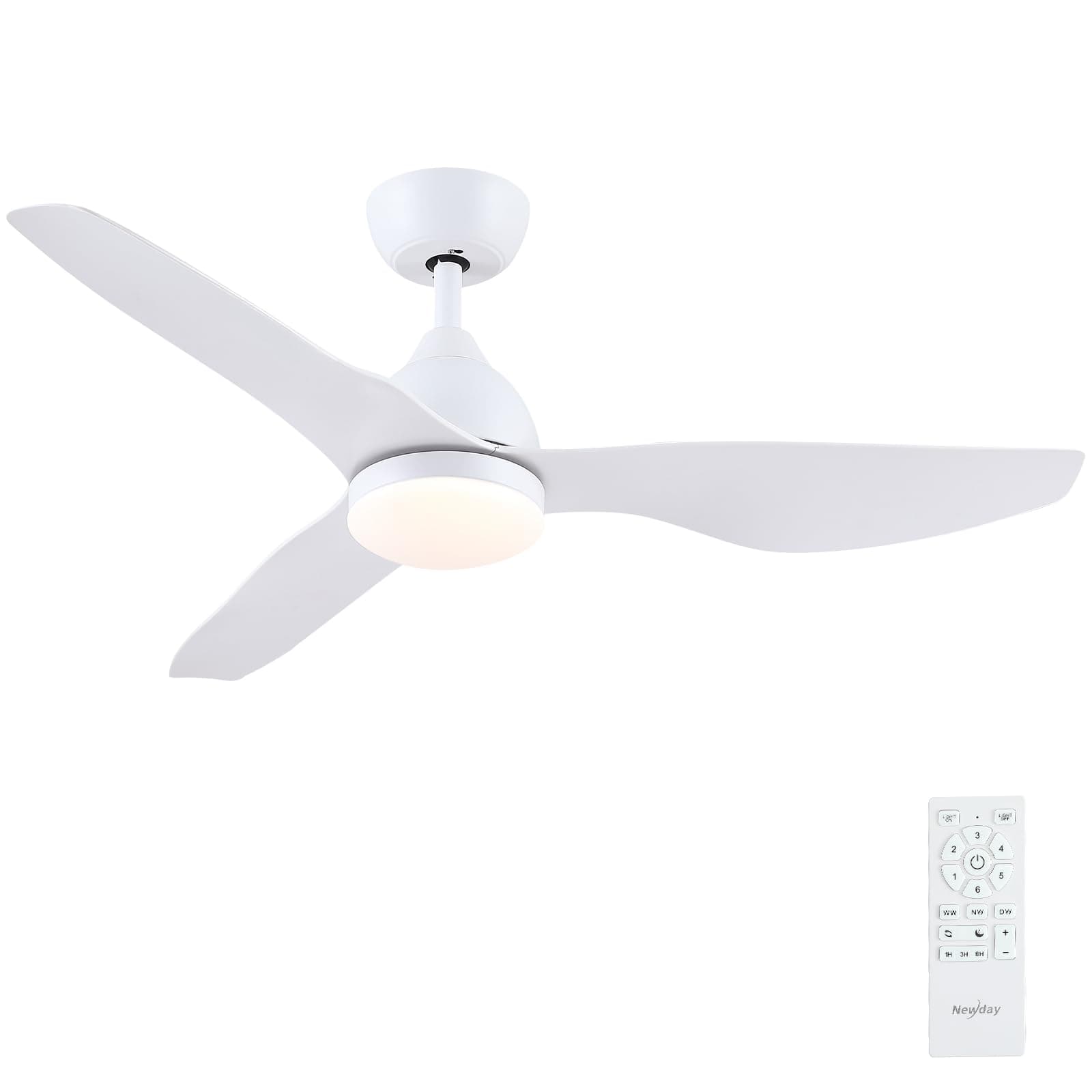 46”White Ceiling Fan with Light and Remote, LED Lamp Dimmable, Quiet Reversible DC, Sleep Mode, 3 Timer for Bedroom Living Room Kitchen Terrace Conservatory