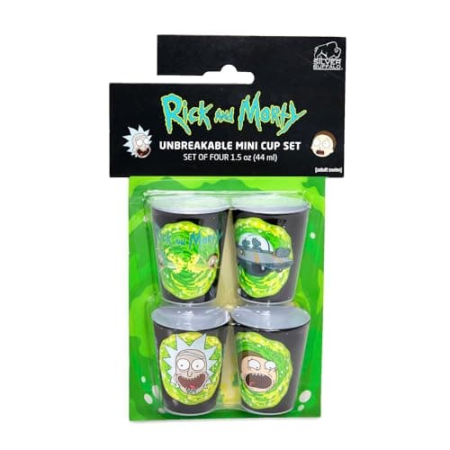 Rick and Morty 1.5-Ounce Plastic Mini Cups, Set of 4 | Whiskey Shot Glasses, Home Bar Drinkware