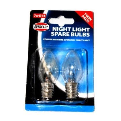 2 X Twin Pack EVEREADY Night Light Spare Bulbs, E14 (14mm Thread Diameter) 7w 220-240v AC, For use with The Eveready Night Light - *SEE NOTE