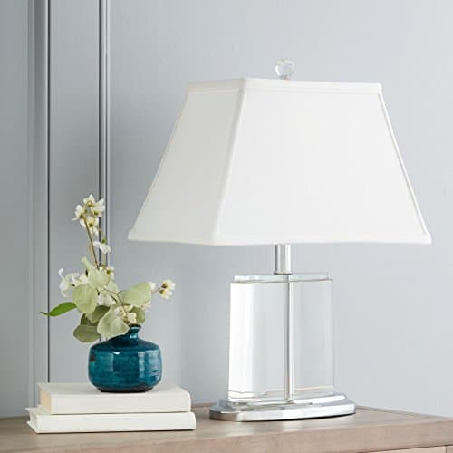 Elegant Table Lamp Suitable for Sofa, Side, End Tables and Nightstands. Oval Column Lamp Provides Warm Lighting. White Fabric Shade Over Glass Crystal and Chrome Base Create Modern Contemporary Feel.