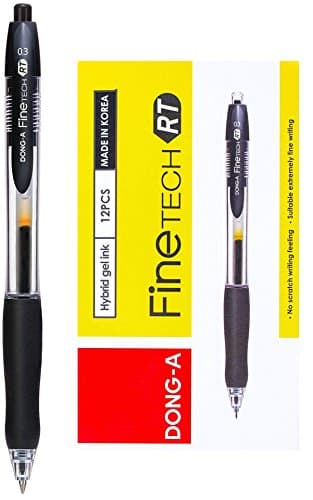 DONG-A Fine-Tech RT, Gel Ink Roller Ball Pens, 0.3mm, Black, Retractable (Pack of 12)