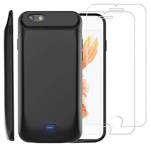 PEYOU Compatible for iPhone 6/6S Battery Case + 2 Tempered Glass Screen Protector, 5000mAh Slim Rechargeable Extended Backup Pack Charger TPU Protective Power Bank Charging Battery Case Cover 4.7"