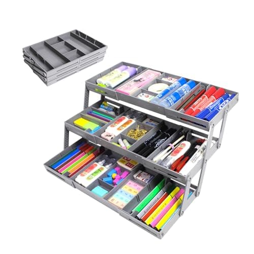 3 Tierr - Expandable Junk - Small - Multi Level Folding Smart for Makeup, Jewelry, Desk, Office Drawers(1 Row 3 Tier-Grey）