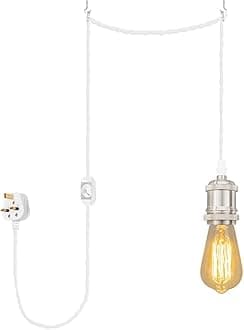 4.5 Meters of White Twisted Fabric Cable Plug In Pendant Lighting Kit Pendant Light Fitting with Dimmer Switch and E27 Brushed Nickel Lamp Holder
