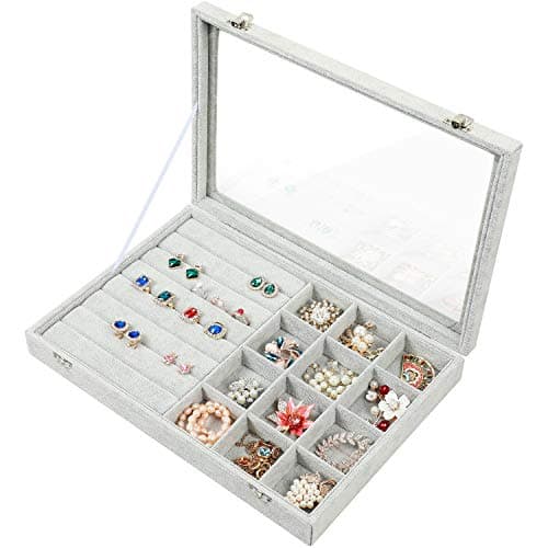 STYLIFING Jewelry Tray Organizer Showcase Display Box Holder Storage Stackable Sackcloth Burlap Linen 12 Grid for Necklaces Bracelets Rings Earrings