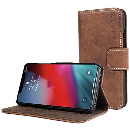 Snugg iPhone Xs Max Wallet Case – Leather Card Case Wallet with Handy Stand Feature – Legacy Series Flip Phone Case Cover in Distressed Brown