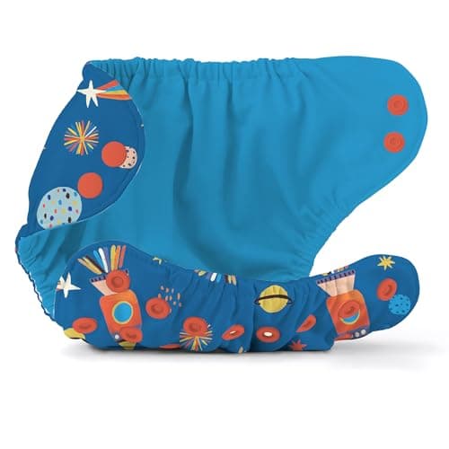 Esembly Cloth Diaper Cover - Reusable Swim Diaper, Waterproof, Breathable - Adjustable Outer Layer Over Absorbent Inner for Blowout Protection - Blast Off, Size 1 (7-17lbs)