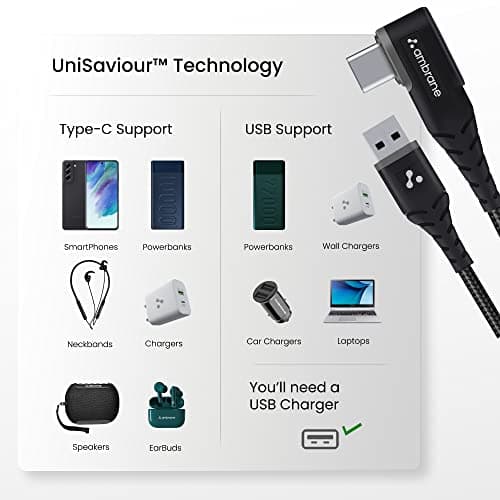 Ambrane Type C Mobile Charging Cable 3A Fast Charging, 1.5m L Shaped Braided Cable, 480Mbps Data Transfer for Smartphones, Tablet, Laptops & Other Type C Devices (ABLC10, Black) (Pack of 2)