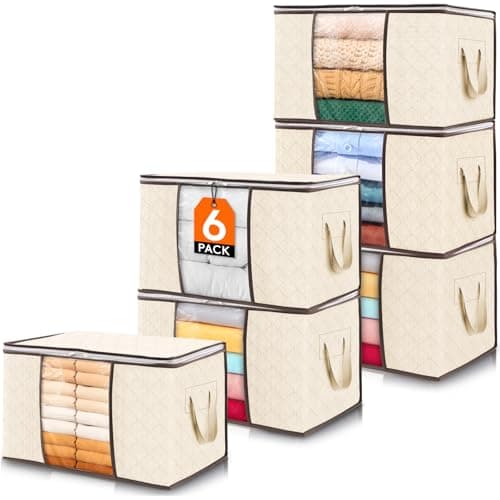 Lifewit 6 Pack Clothes Storage Bins with Lids, 60L Foldable Blanket Bags with Zippers, Clear Window and Reinforced Handles, Closet and Organization for Clothing, Sweater, Comforter, Bedding, Beige