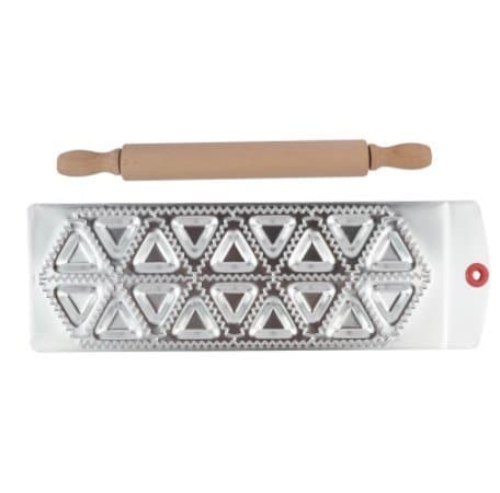 Genetek 18 Triangle 2.3 in Kitchen Ravioli Maker in Aluminum Alloy Makes 18 Perfect Cuts with Mini Wooden Rolling Pin Included. Great for Pasta, Dumpling, Pelmeni, Pierogi, Kreplach, and More!