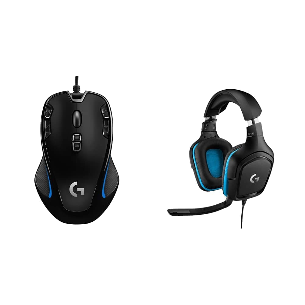 Logitech G300s Wired Gaming Mouse, Compatible with PC/Mac - Black & 432 Wired Gaming Headset, 7.1 Surround Sound, DTS Headphone:X 2.0, 50 mm Audio Drivers, USB and 3.5 mm Audio Jack - Black