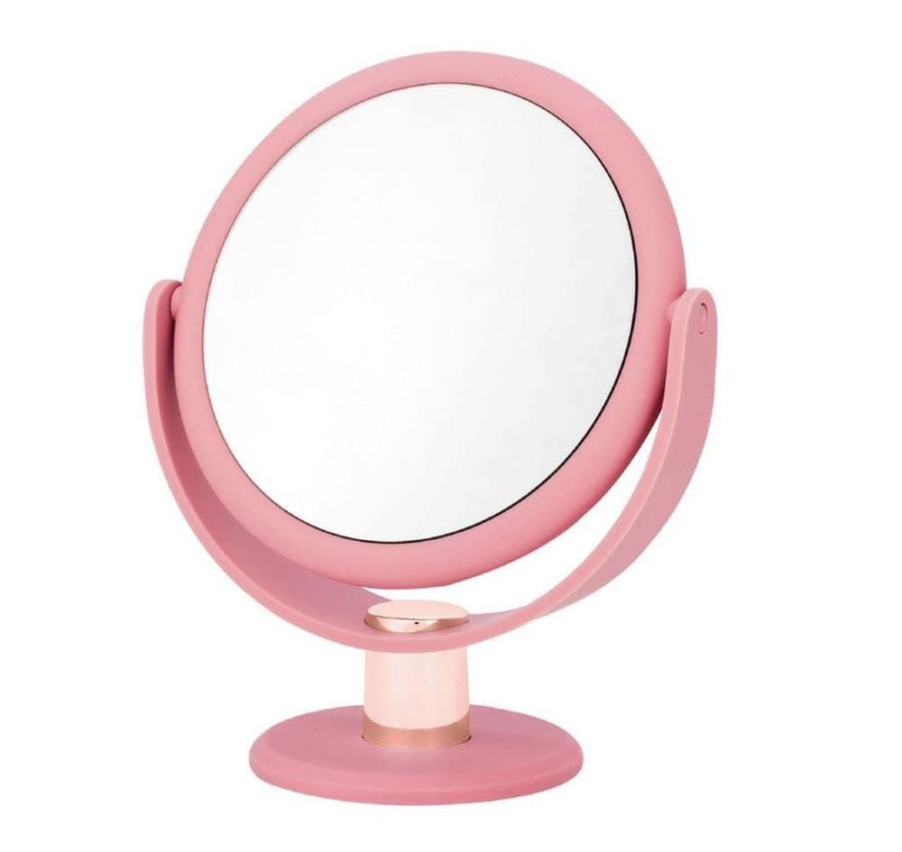 Danielle Creations Hand Held / Free Standing Soft Touch Metallic Finish 10x Magnifying Mirror, Double Sided Make-up / Skincare Regime, Portable Glass Mirror - Blush and Rose Gold (24cm)